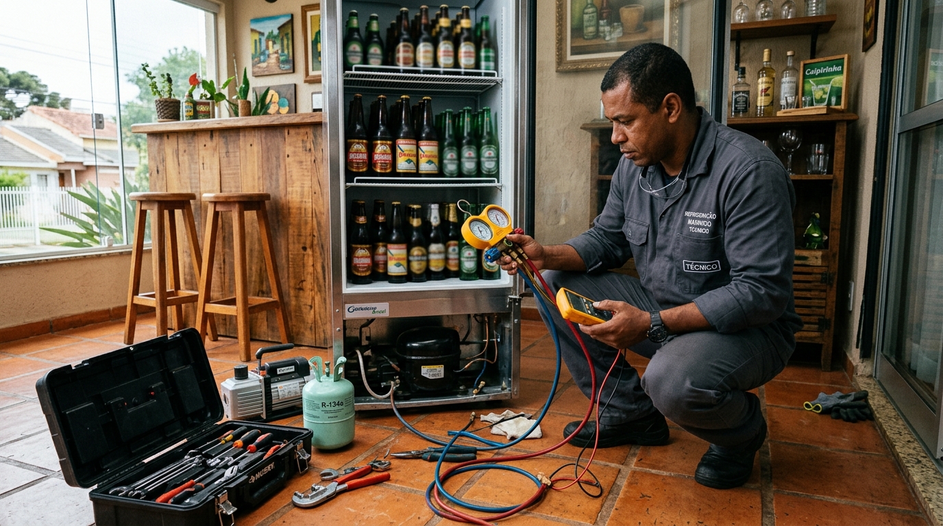 Profissional executando reparo no motor de cervejeira na Utinga, Belém‑PA