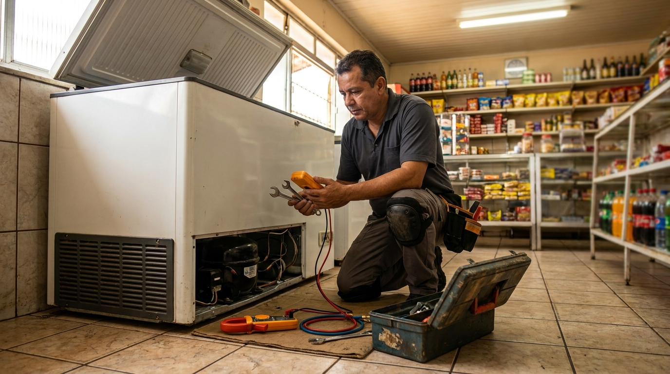 Profissional executando manutenção no motor de freezer na Utinga, Belém‑PA