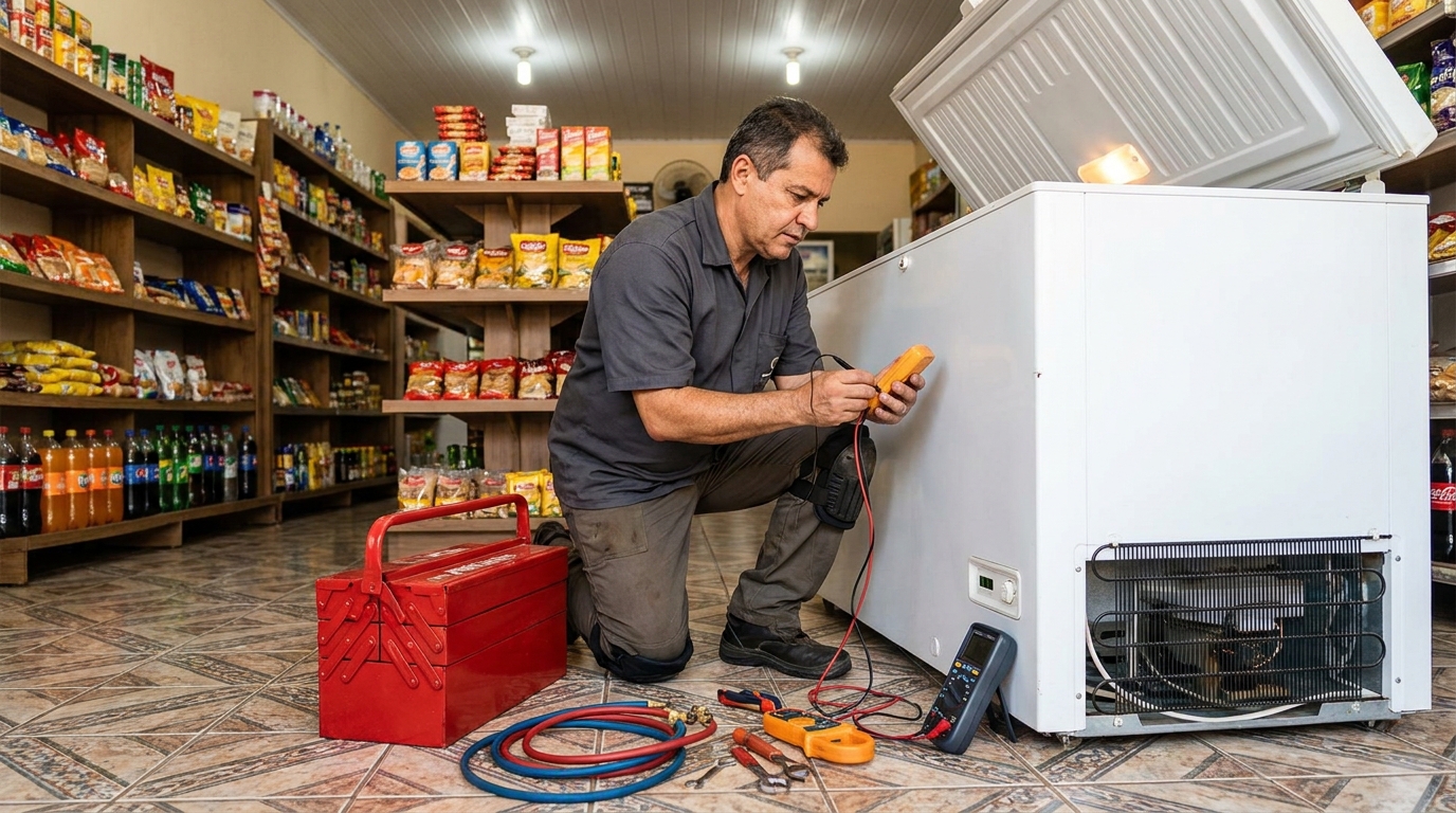 Recarga de gás refrigerante no freezer durante atendimento na Utinga, Belém‑PA