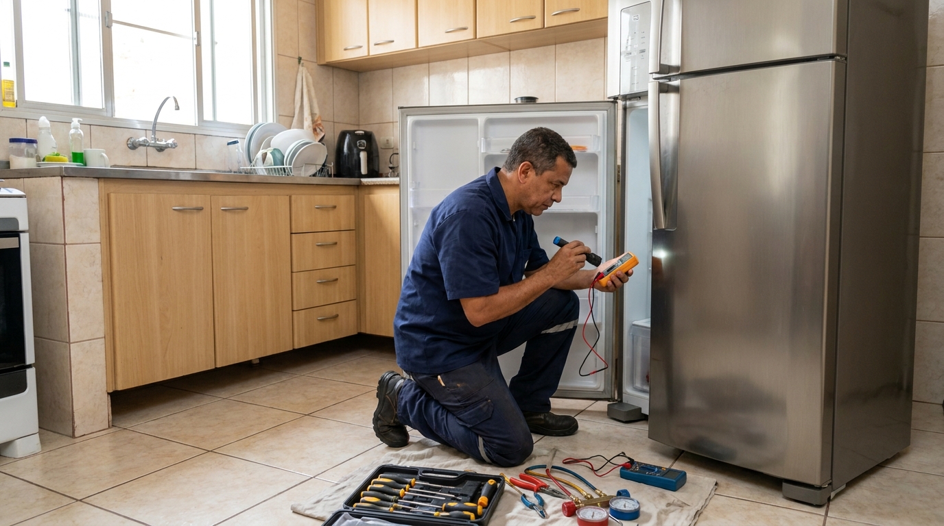 Técnico aplicando recarga de gás refrigerante em geladeira no Benguí, Belém‑PA